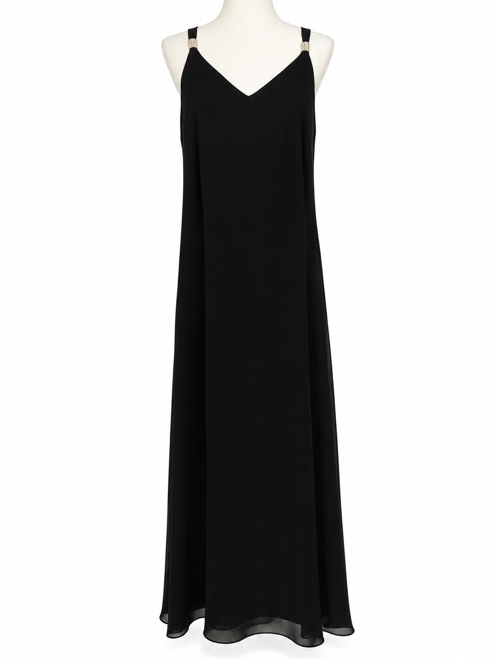 Y2K Long Black Slip Dress Gown with Silver Metal Accents 14W EUC